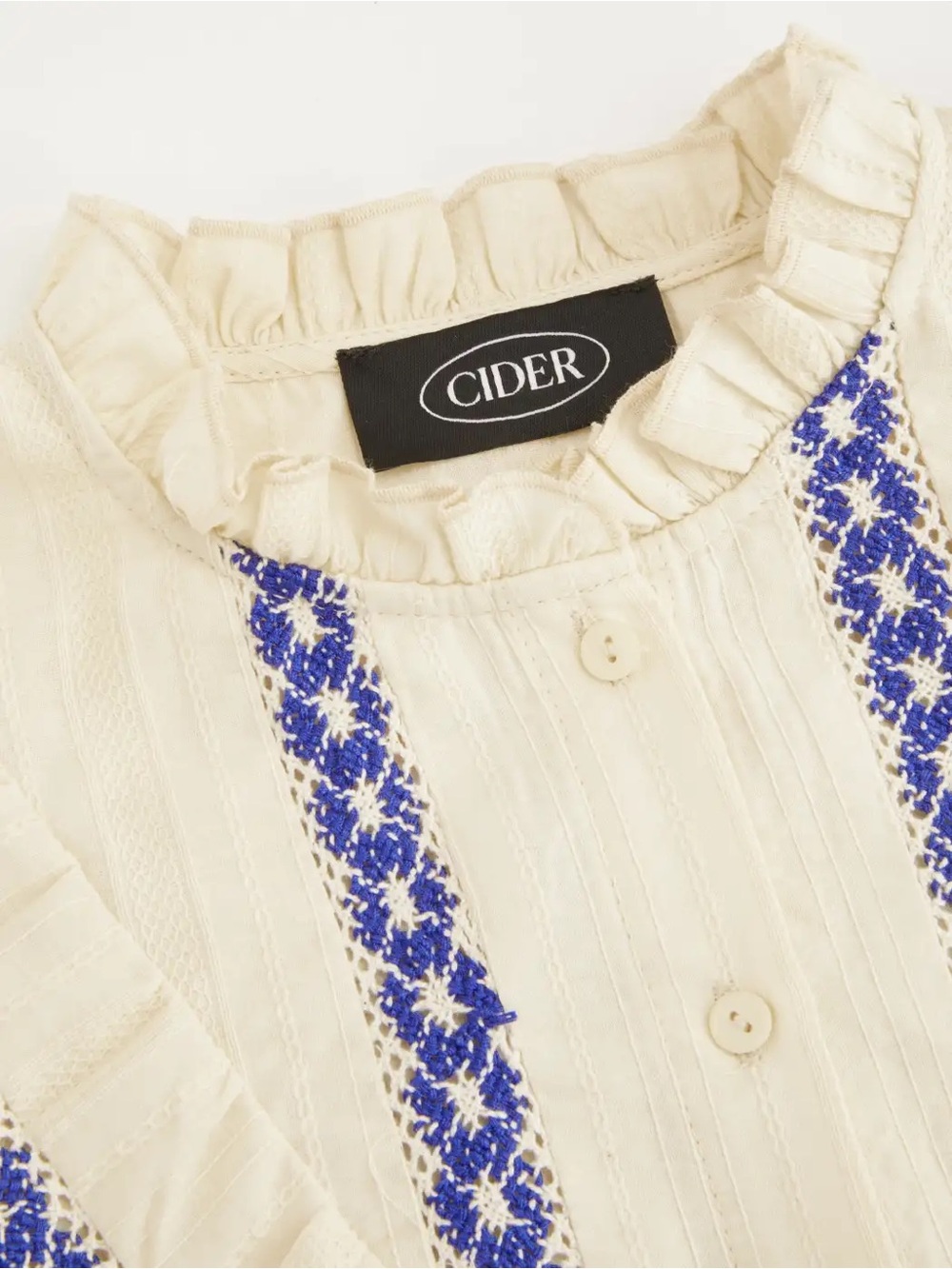 Cider Cotton Stand Collar Crochet Contrasting Binding Short Sleeve Blouse - Picture 8 of 12